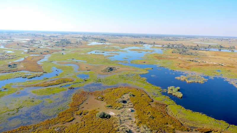 botswana-okavango-delta-rundflug-wasserlandschaft Bei einem Flug mit einem Helikopter mit offenen Türen über das Okavango-Delta hat man die beste Sicht auf den Verlauf des Okavango im Delta.